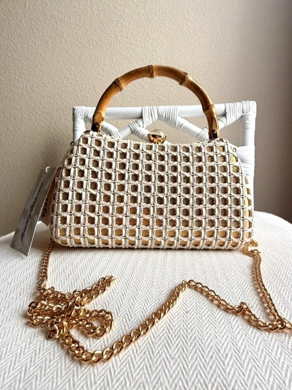 Tommy Bahama Woven Bamboo Handle Clutch Crossbody Chain Bag White Gold NWT